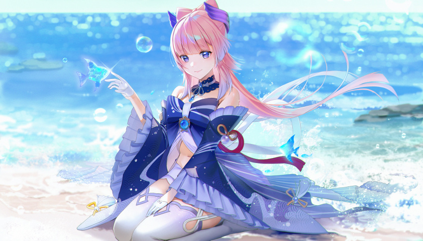 1girl babydoll bare_shoulders beach blue_bow blue_choker blue_eyes blue_gemstone blue_hair blurry blurry_background bow bow-shaped_hair bubble choker colored_tips day detached_sleeves fish floating_hair frilled_sleeves frills gem genshin_impact gloves gradient_hair half_gloves hand_on_own_thigh hand_up head_wings highres honnou_(kjs9504) lace-trimmed_choker lace_trim long_hair long_sleeves looking_at_viewer multicolored_hair navel ocean outdoors pink_hair sand sangonomiya_kokomi seiza sitting solo sparkle thigh-highs vision_(genshin_impact) white_gloves white_thighhighs wide_sleeves