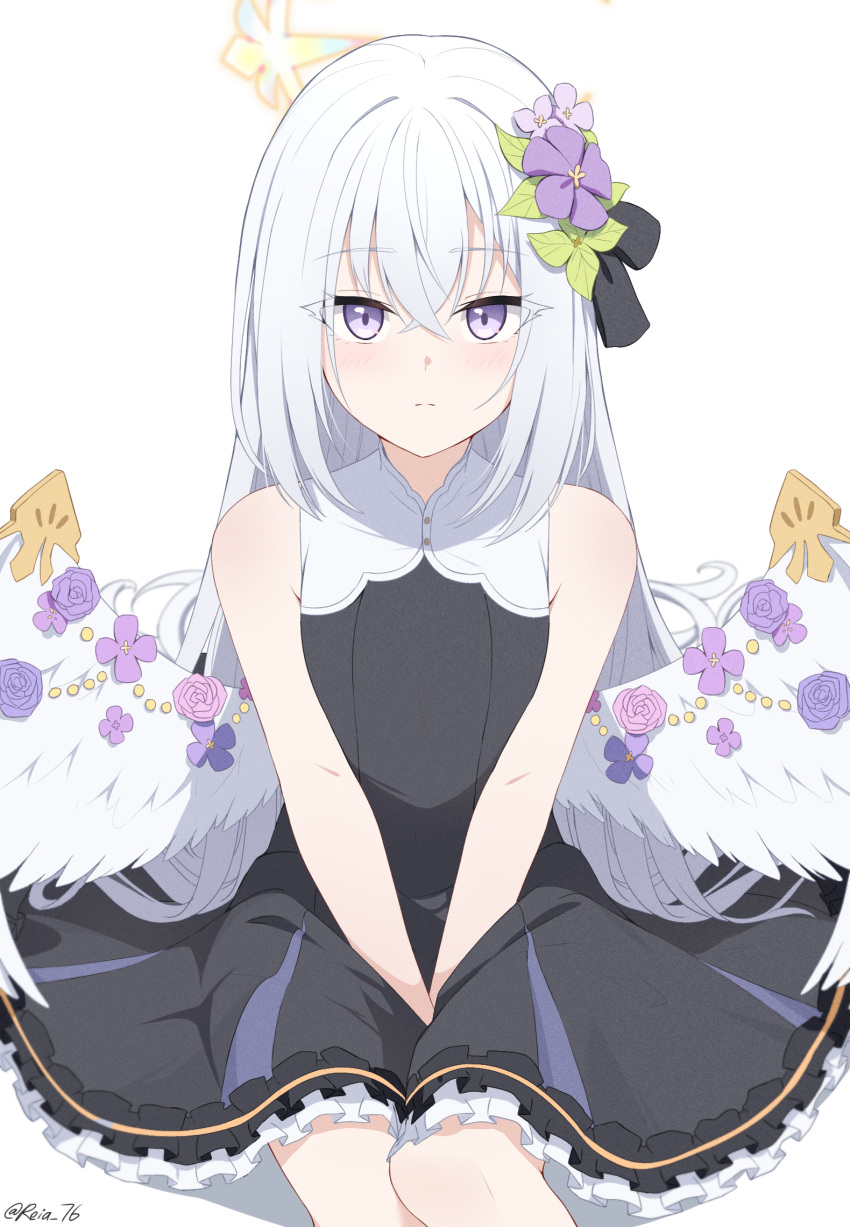 1girl alternate_costume azusa_(blue_archive) bangs bare_arms blue_archive cowboy_shot dress floral_print flower frilled_dress frills highres long_hair reia_76 rose seiza sitting sleeveless sleeveless_dress sleeves_past_wrists solo violet_eyes white_hair wings