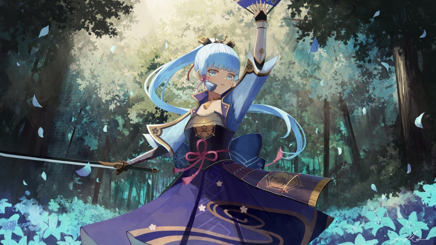 1girl arm_up armor bangs blue_eyes blue_hair blunt_bangs breastplate bridal_gauntlets day faulds floating_hair forest genshin_impact hair_ribbon hand_fan high_ponytail highres holding holding_fan holding_sword holding_weapon kamisato_ayaka katana long_hair long_skirt mako_1010 nature outdoors parted_lips petals pleated_skirt print_skirt purple_skirt red_ribbon ribbon skirt solo standing sword very_long_hair weapon