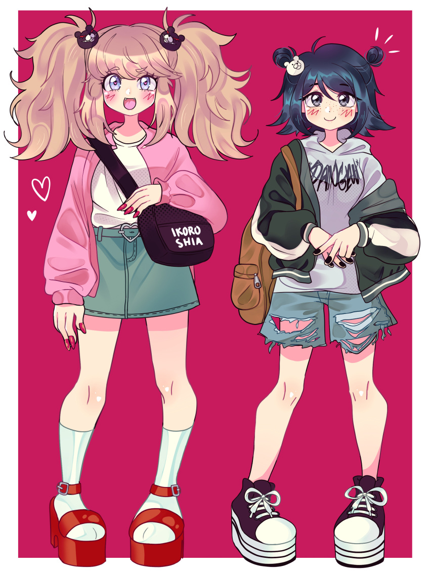 :d absurdres backpack bag bangs bear_hair_ornament belt black_hair black_nails blonde_hair blue_eyes blush buckle clothes_writing copyright_name danganronpa:_trigger_happy_havoc danganronpa_(series) denim denim_shorts denim_skirt double_bun enoshima_junko fang fingernails freckles grey_eyes hair_bun hair_ornament heart heart-shaped_buckle heart-shaped_pupils highres hood hoodie ikusaba_mukuro jacket long_fingernails long_hair nail_polish open_mouth own_hands_together pants platform_footwear platform_heels red_nails shoes short_hair shorts shoulder_bag siblings sisters skirt smile sneakers socks symbol-shaped_pupils tenhimi torn_clothes torn_pants twintails two_side_up