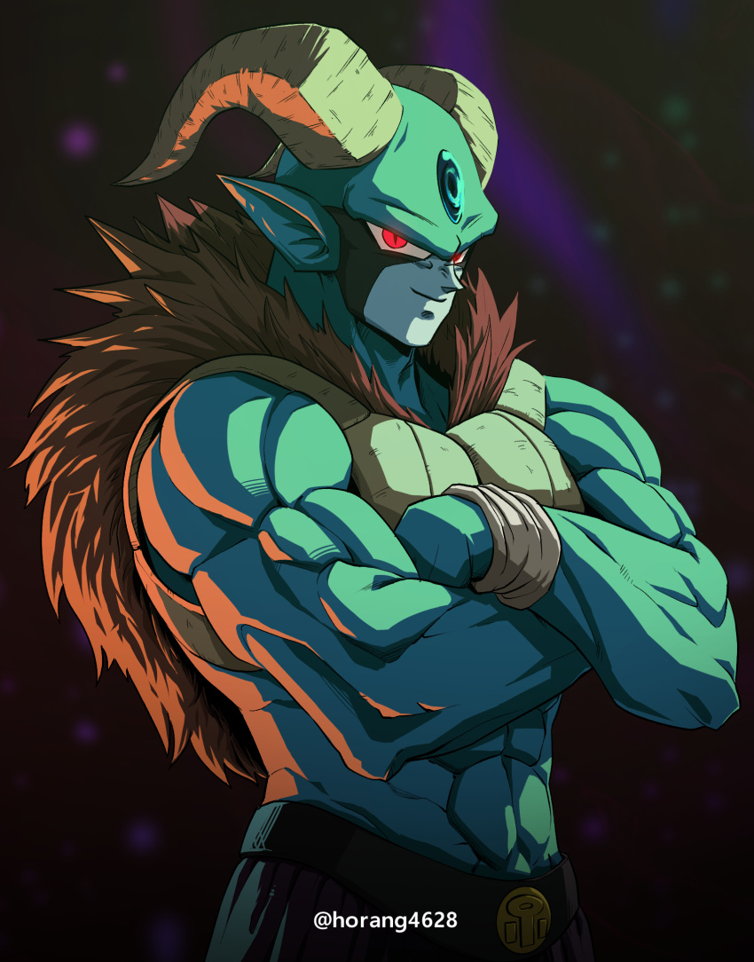 1boy blue_skin closed_mouth colored_skin crossed_arms dragon_ball dragon_ball_super forehead_jewel highres horang4628 male_focus moro_(dragon_ball) muscular muscular_male pointy_ears red_eyes slit_pupils smile solo
