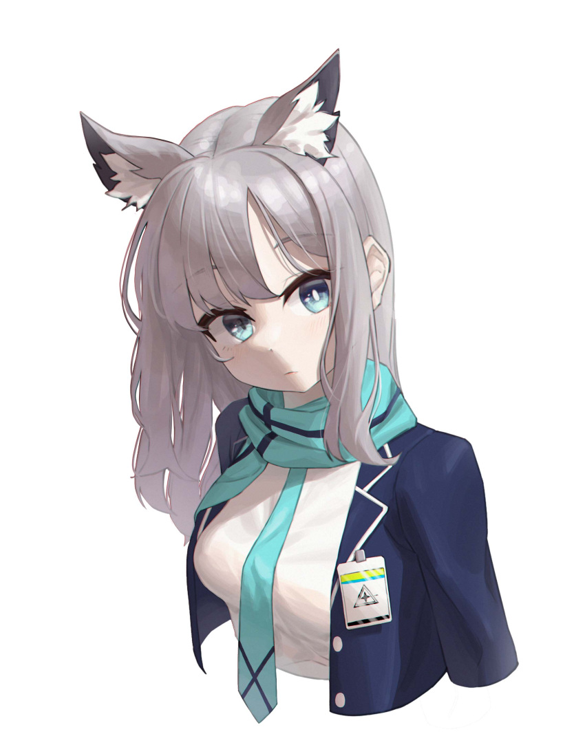 1girl absurdres animal_ear_fluff animal_ears blue_archive blue_eyes blue_jacket blue_scarf breasts cat_ears cropped_torso demian_221 extra_ears grey_hair highres id_card jacket long_hair looking_at_viewer medium_breasts mismatched_pupils necktie open_clothes open_jacket scarf school_uniform shiroko_(blue_archive) shirt simple_background solo striped striped_scarf upper_body white_background white_shirt wolf_ears