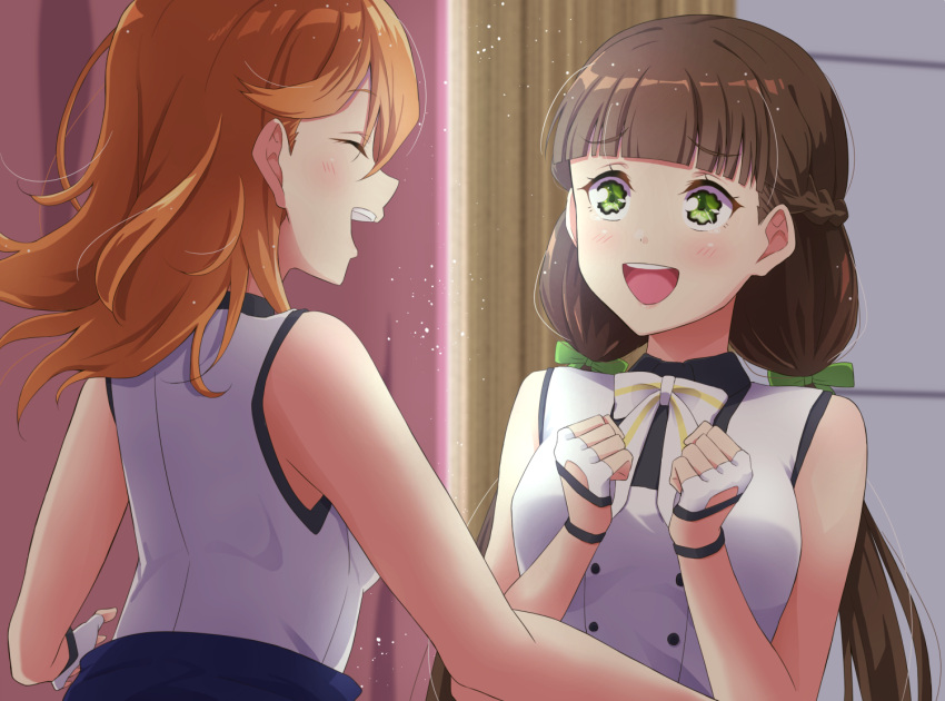 bangs braid breasts brown_hair closed_eyes commentary fingerless_gloves french_braid gloves green_eyes long_hair love_live! love_live!_superstar!! low_twintails medium_breasts medium_hair orange_hair qy73 sakurakouji_kinako shibuya_kanon shiny shiny_hair smile stage_curtains twintails upper_body