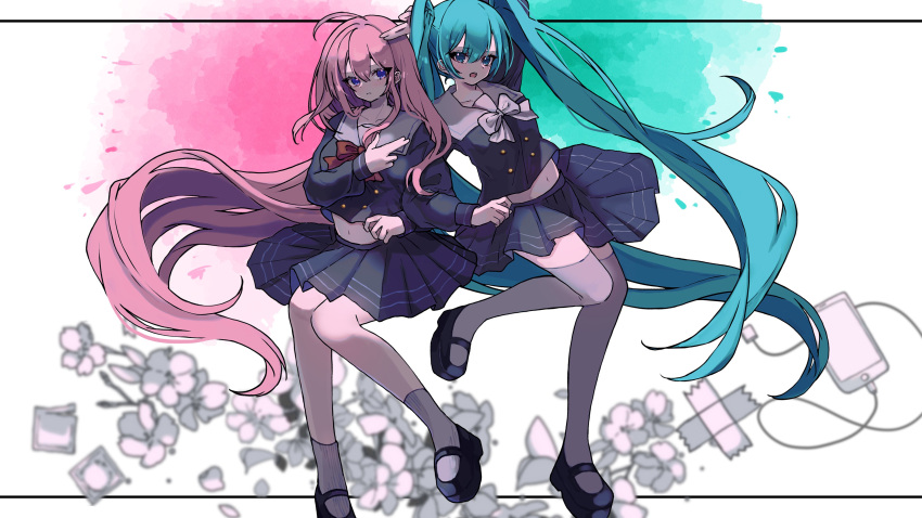 2girls absurdres ahoge alternate_costume ankle_socks aqua_eyes aqua_hair arm_up bangs black_footwear black_shirt black_skirt bow bowtie closed_mouth collar collared_shirt flower hair_between_eyes hand_up hatsune_miku highres invisible_chair katorea long_hair mary_janes megurine_luka midriff multiple_girls navel noushou_sakuretsu_girl_(vocaloid) open_mouth pink_hair pleated_skirt red_bow red_bowtie sailor_collar school_uniform serafuku shirt shoes sitting skirt socks thigh-highs twintails very_long_hair violet_eyes vocaloid white_background white_bow white_bowtie white_flower white_sailor_collar