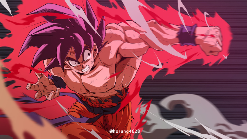 1boy absurdres aura battle_damage black_eyes clenched_teeth dragon_ball dragon_ball_z highres horang4628 kaiouken male_focus muscular muscular_male punching sash solo son_goku teeth topless_male torn_clothes wristband