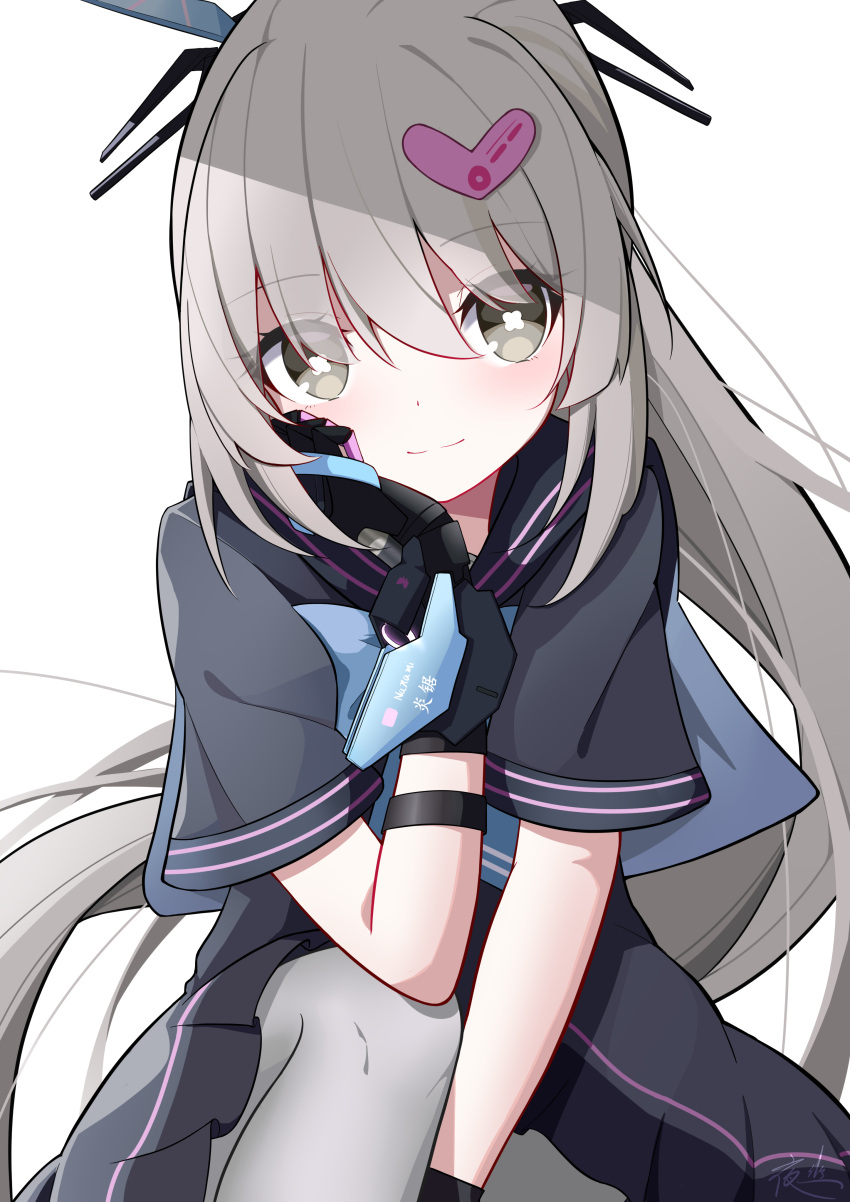 absurdres dress flower-shaped_pupils grey_eyes grey_hair hair_ornament hairclip head_on_hand heart heart_hair_ornament highres looking_to_the_side mechanical_gloves nanami_(punishing:_gray_raven) pantyhose punishing:_gray_raven sailor_dress sitting smile symbol-shaped_pupils user_pwny8774