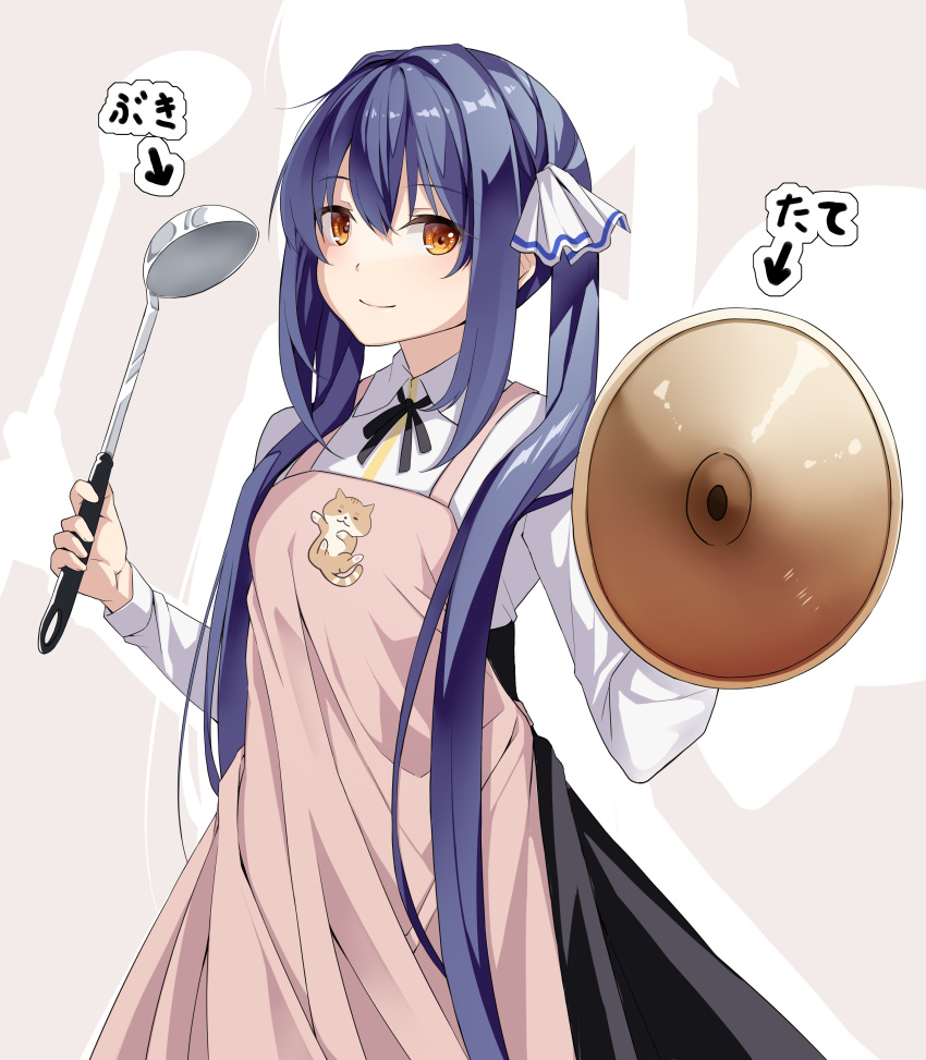 1girl absurdres apron arrow_(symbol) bangs black_ribbon black_skirt blue_hair brown_eyes closed_mouth collared_shirt commentary_request copyright_request creek_(moon-sky) drop_shadow grey_background hair_between_eyes hair_ribbon high-waist_skirt highres holding ladle long_hair long_sleeves looking_at_viewer neck_ribbon pink_apron ribbon shirt sidelocks skirt smile solo translation_request twintails very_long_hair white_ribbon white_shirt