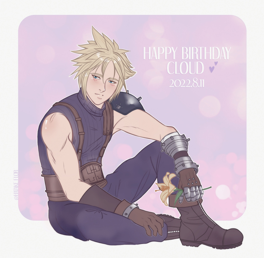 1boy armor bad_source blonde_hair blue_eyes cloud_strife final_fantasy final_fantasy_vii final_fantasy_vii_remake flower happy_birthday highres lily_(flower) spiky_hair