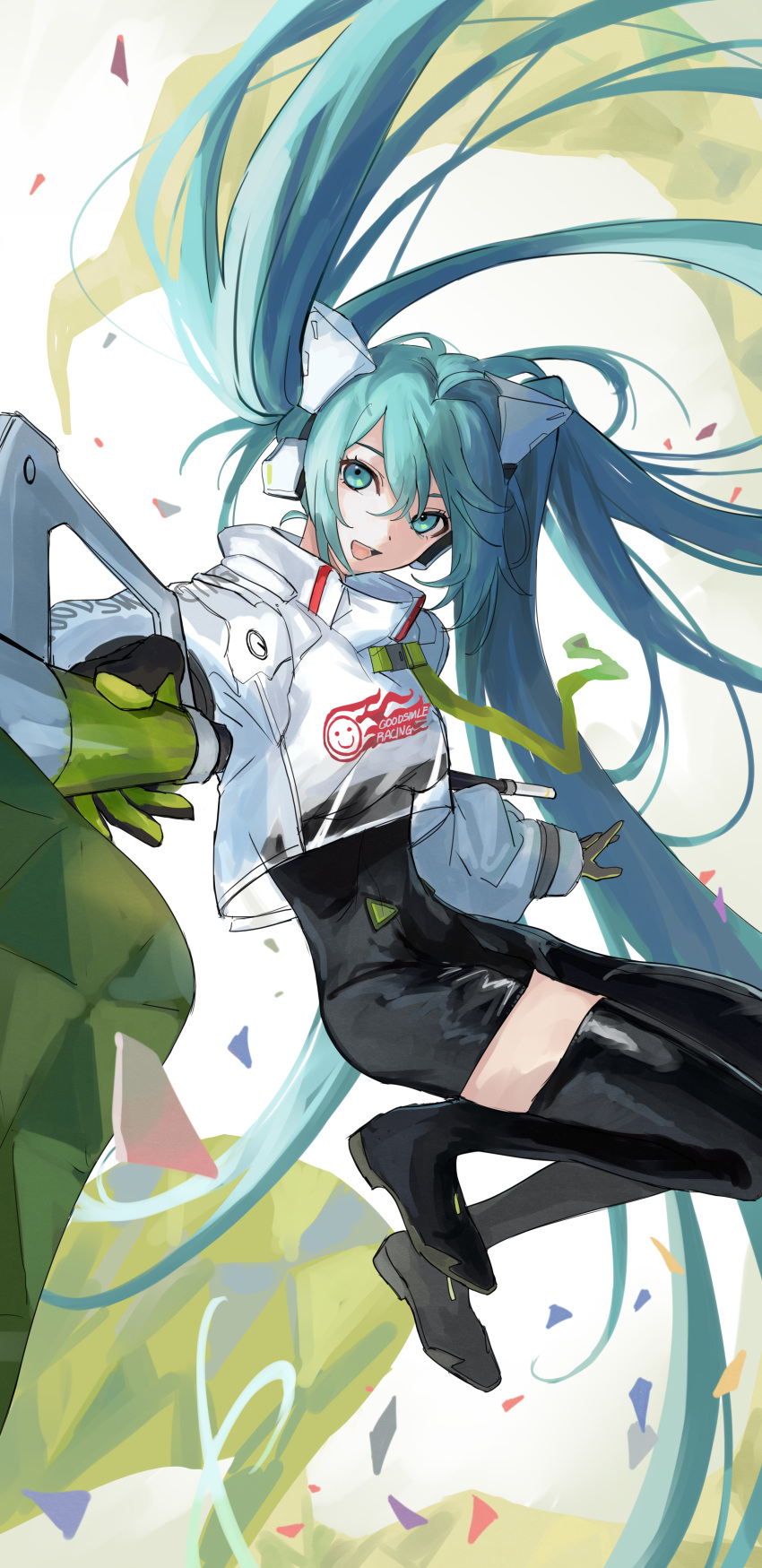 1girl absurdres black_footwear black_gloves black_thighhighs blue_eyes blue_hair bodysuit boots breasts confetti flag gloves goodsmile_racing green_gloves hatsune_miku highres holding holding_flag long_hair looking_at_viewer medium_breasts mou_(piooooon) racing_miku racing_miku_(2022) solo thigh-highs thigh_boots twintails two-tone_gloves very_long_hair vocaloid