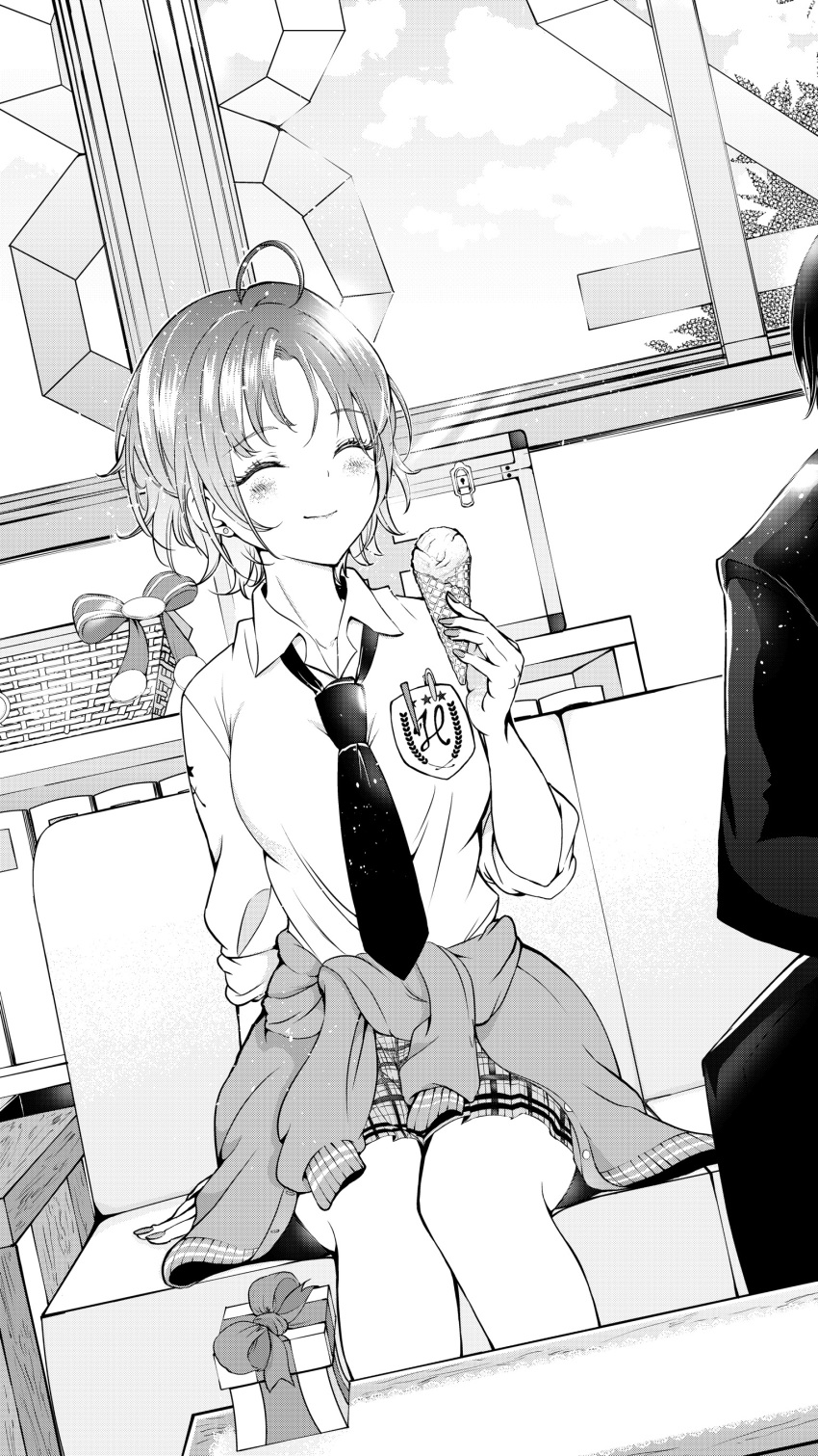 1boy 1girl absurdres ahoge artist_request asakura_toru black_necktie breast_pocket closed_eyes clothes_around_waist commentary_request couch dutch_angle earrings food gift greyscale highres ice_cream idolmaster idolmaster_shiny_colors indoors jacket jacket_around_waist jewelry loose_necktie miniskirt monochrome necktie pen_in_pocket plaid plaid_skirt pleated_skirt pocket school_uniform shirt short_hair sitting skirt sleeves_rolled_up smile white_shirt
