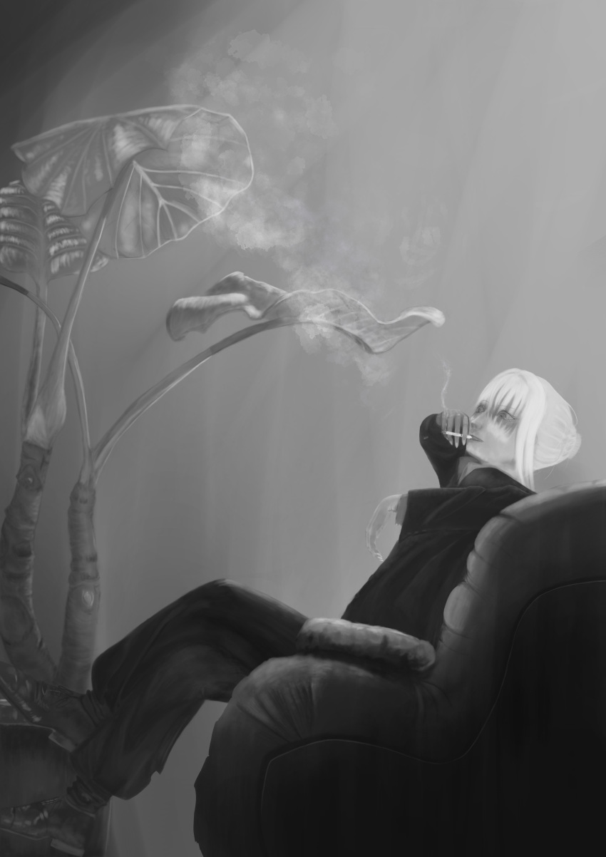 1girl absurdres ambiguous_gender black_pants black_shirt cigarette from_side full_body grey_background greyscale hair_between_eyes highres long_sleeves mafia medium_hair monochrome on_chair original pants plant potted_plant ryoumei6 shirt shoes sitting smoking solo