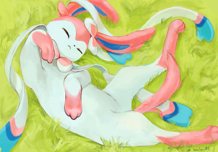 closed_eyes closed_mouth commentary_request day from_above grass highres koala_0l lying no_humans on_back outdoors pokemon pokemon_(creature) solo sylveon twitter_username