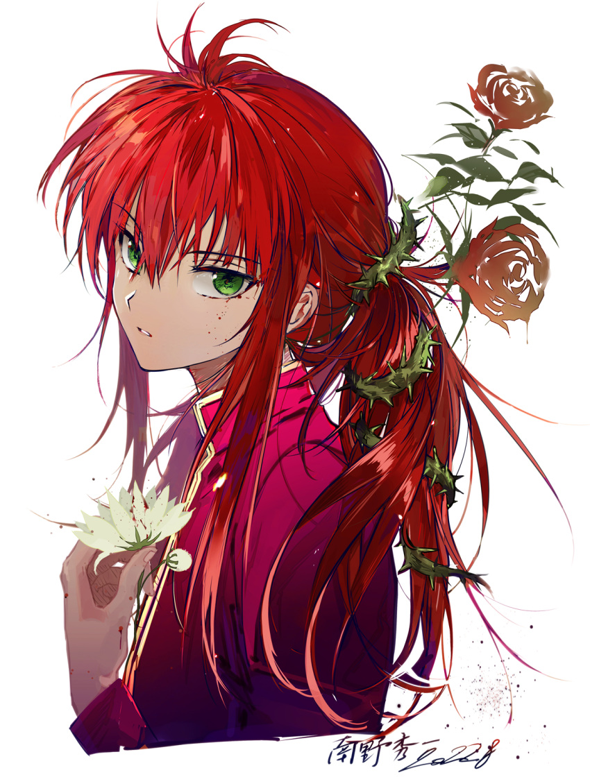 1boy blood blood_on_face blood_on_flower blood_on_hands commentary_request flower flower_request green_eyes highres holding holding_flower kurama_(yu_yu_hakusho) medium_hair parted_lips plant redhead shiny shiny_hair simple_background suou thorns vines white_background yu_yu_hakusho