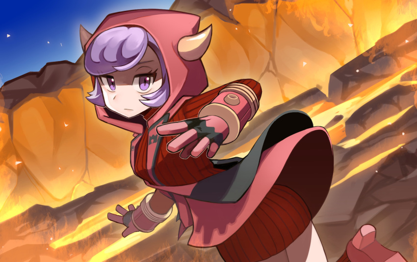 1girl =_(9_yawbus) bangs commentary_request courtney_(pokemon) dress eyelashes fake_horns gloves highres hood hood_up horned_headwear horns leg_up logo looking_at_viewer molten_rock night outdoors pokemon pokemon_(game) pokemon_oras purple_hair red_dress ribbed_dress short_hair sky solo sweater sweater_dress team_magma violet_eyes