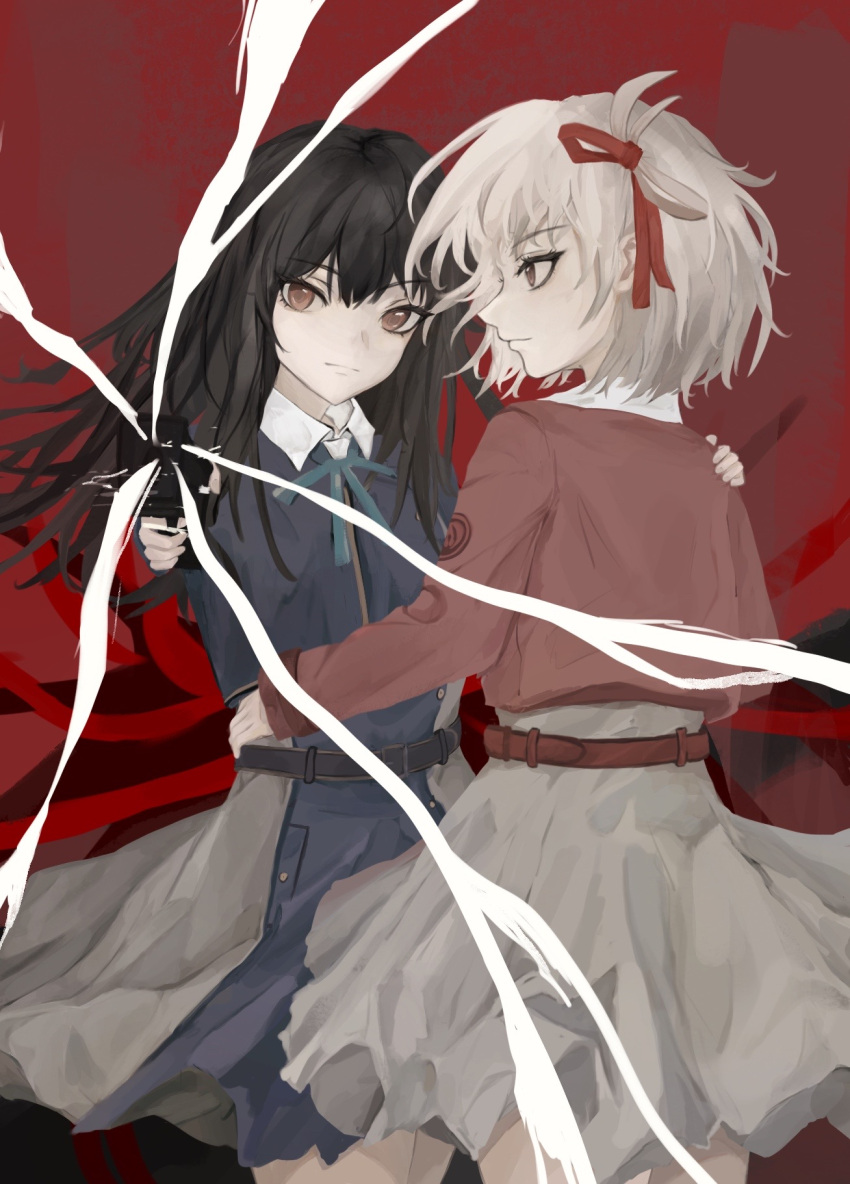 2girls absurdres bangs belt black_hair blonde_hair blue_belt blue_dress blush bob_cut cheek-to-cheek collared_shirt commentary_request dress grey_dress hair_ribbon hand_on_hip heads_together highres holding_hands inoue_takina interlocked_fingers long_hair looking_at_viewer lycoris_recoil lycoris_uniform multiple_girls nishikigi_chisato pleated_dress purple_eyes red_belt red_dress red_eyes red_ribbon ribbon school_uniform shirt short_hair smile two-tone_dress white_background yuri