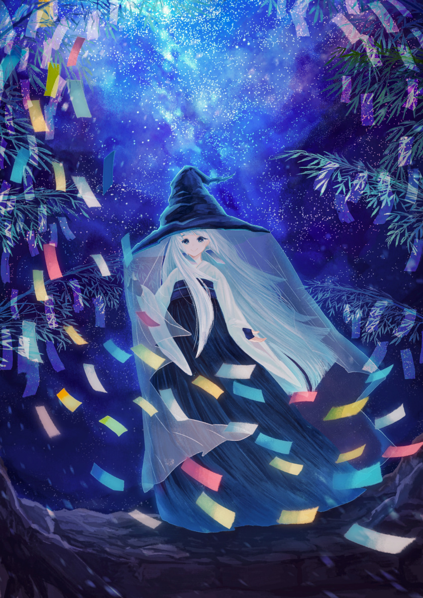 1girl absurdres bangs blue_eyes blunt_ends fingerless_gloves floating gloves hakama hat highres isa_yuuri japanese_clothes long_hair night night_sky original outdoors sky smile solo star_(sky) starry_sky tanabata tanzaku tree veil very_long_hair white_hair wind witch witch_hat