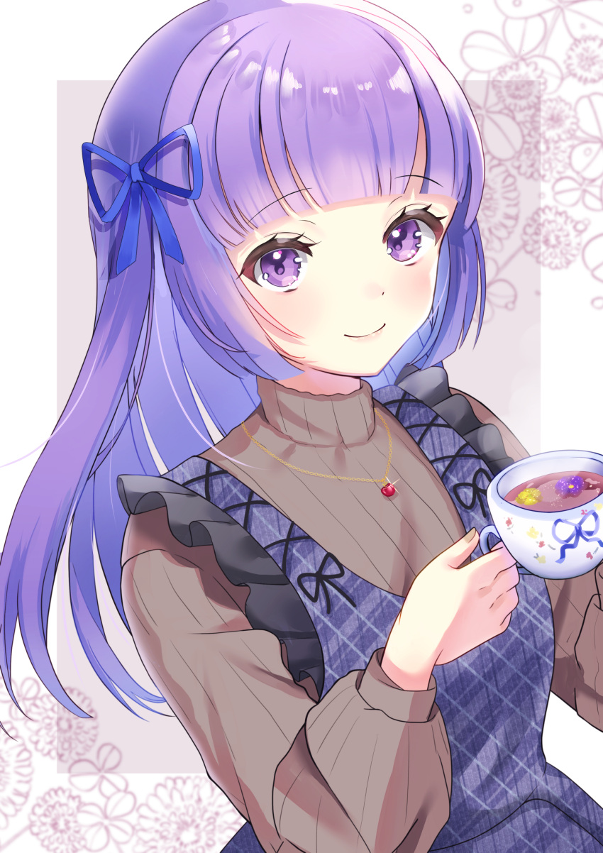 1girl aikatsu!_(series) bangs blunt_bangs blush cup dress flower frilled_dress frills glint hair_ribbon highres hikami_sumire holding holding_cup jewelry kowano long_hair long_sleeves looking_at_viewer nail_polish necklace pinafore_dress purple_hair ribbon smile solo steam sweater tea teacup violet_eyes
