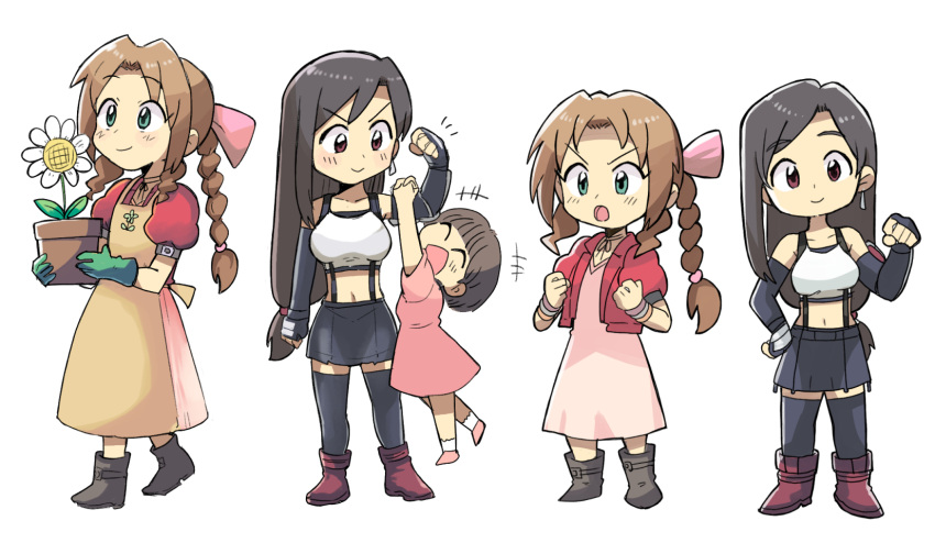 3girls aerith_gainsborough apron bangle bangs black_bra black_gloves black_hair black_skirt black_thighhighs blunt_bangs boots bra bracelet braid braided_ponytail breasts brown_apron brown_eyes brown_footwear brown_hair chibi clenched_hand closed_eyes crop_top cropped_jacket dress earrings elbow_gloves female_child final_fantasy final_fantasy_vii final_fantasy_vii_remake fingerless_gloves flexing flower flower_pot full_body gardening gloves green_eyes green_gloves hair_ribbon hand_on_hip hanging_on_arm highres jacket jewelry long_dress long_hair low-tied_long_hair marlene_wallace midriff miniskirt multiple_girls multiple_views navel open_mouth parted_bangs pink_dress pink_footwear pink_ribbon pose puffy_short_sleeves puffy_sleeves red_jacket ribbon shirt short_hair short_sleeves sidelocks skirt smile sports_bra standing thigh-highs tifa_lockhart tsubobot underwear white_background white_flower white_shirt