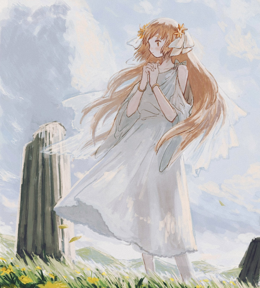 1girl bangs blue_sky bow closed_mouth clouds cloudy_sky collarbone dandelion day dot_mouth dress dress_bow eokaku_surimi falling_petals faux_traditional_media feet_out_of_frame floating_hair flower grass hair_ornament highres long_dress long_hair mountainous_horizon orange_eyes orange_hair original outdoors petals praying sky solo standing starfish_hair_ornament tombstone white_dress wind