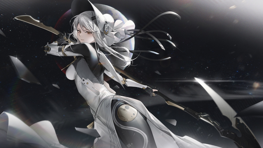 absurdres bonnet dress fighting_stance frown glaring glass haicma_(punishing:_gray_raven) hair_ornament hairclip highres light_rays looking_at_viewer mechanical_arms mechanical_legs moon punishing:_gray_raven ribbon scythe space white_dress white_hair xtears_kitsune yellow_eyes