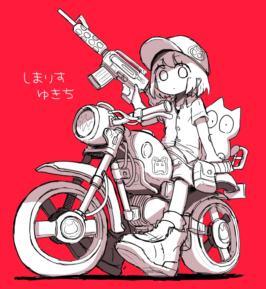 1girl absurdres bangs cat closed_mouth collared_shirt ground_vehicle gun hat highres holding holding_gun holding_weapon looking_at_viewer looking_down monochrome motor_vehicle motorcycle original red_background shirt shoes short_hair short_sleeves simple_background sitting sticker weapon white_cat white_hair white_headwear white_shirt yukichi_nya