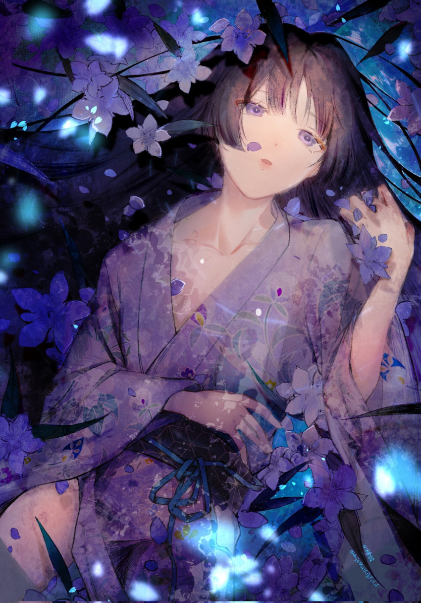 1boy :o bangs black_hair black_sash blue_ribbon collarbone commentary_request eyelashes floral_print flower genshin_impact glowing hand_up highres japanese_clothes kimono long_hair long_sleeves looking_at_viewer lying male_focus muhanyin1 obi obijime on_back parted_bangs parted_lips petals print_kimono purple_flower purple_kimono ribbon sash scaramouche_(genshin_impact) sidelocks solo violet_eyes wide_sleeves