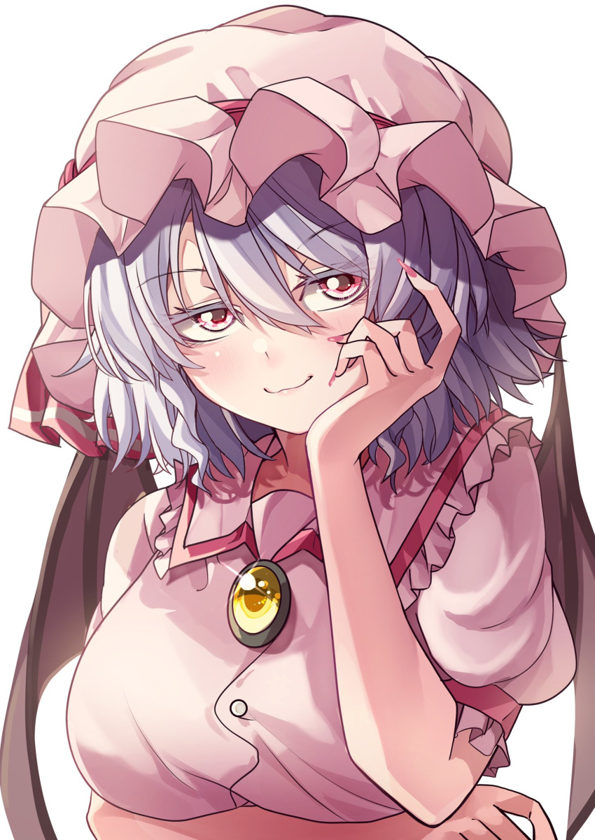 1girl :3 bat_wings blue_hair breasts closed_mouth collared_shirt hand_on_own_face hat hat_ribbon highres maboroshi_mochi medium_breasts mob_cap pink_background pink_eyes remilia_scarlet ribbon shirt short_hair simple_background smile solo touhou upper_body white_background white_shirt wings