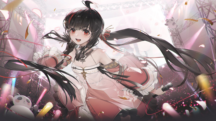 absurdres ahoge black_hair cheering chinese_clothes dress floral_print frills glowstick highres idol jewelry looking_at_viewer mechanical_arms microphone necklace panda petals ponytail pulao_(punishing:_gray_raven) punishing:_gray_raven red_dress red_eyes ribbon single_mechanical_arm smile stage stage_lights xtears_kitsune