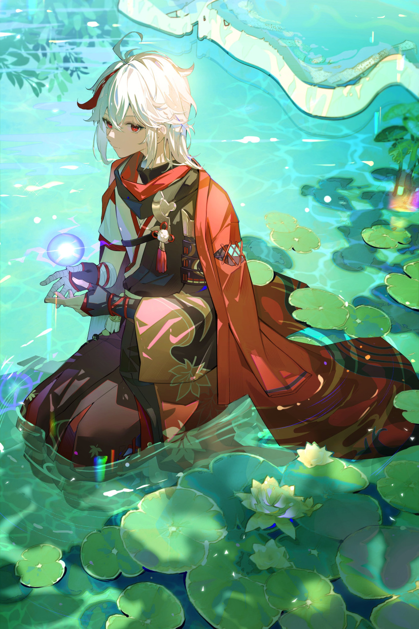 1boy absurdres ahoge anzu_x03 armor asymmetrical_sleeves autumn_leaves bandaged_arm bandages bangs black_scarf black_shorts closed_mouth commentary_request day flower genshin_impact hair_between_eyes hakama hakama_shorts highres in_water japanese_clothes kaedehara_kazuha leaf_print lily_pad looking_at_viewer lotus male_focus multicolored_hair orb pauldrons pom_pom_(clothes) red_eyes red_scarf redhead ripples rock scarf short_sleeves shorts shoulder_armor sidelocks single_pauldron sitting solo streaked_hair water white_hair
