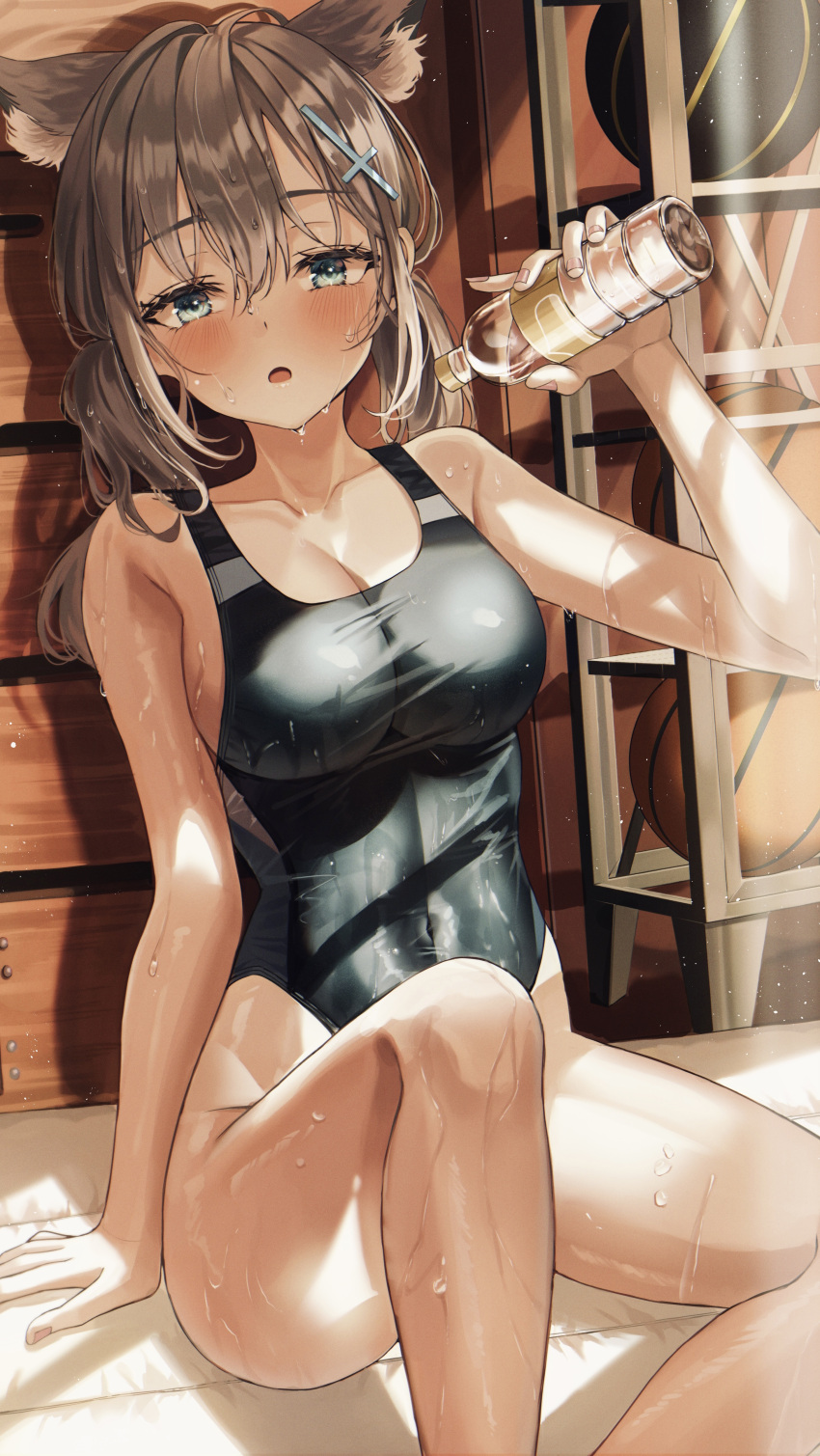 1girl armpits basketball blue_archive blue_eyes blush breasts cat_ears dripping grey_hair hairpin holding hot indoors looking_at_viewer shelf shiroko_(blue_archive) sitting solo storage_room sweat sweating sweating_profusely swimsuit thighs water_bottle wet wet_clothes wet_hair