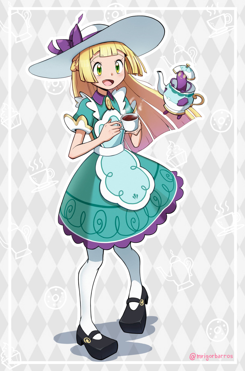 1girl @_@ absurdres apron argyle argyle_background black_footwear blonde_hair bow collared_dress cup cupcake doughnut dress floating food green_eyes hat hat_bow highres holding holding_cup lillie_(pokemon) mr.thunderigor official_alternate_costume open_mouth pokemon pokemon_(creature) pokemon_(game) pokemon_masters_ex polteageist teacup teapot twitter_username two-tone_background