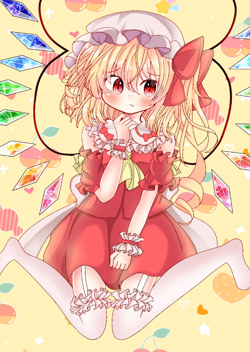 1girl adapted_costume back_bow bare_shoulders blonde_hair blush bow closed_mouth crystal flandre_scarlet frilled_shirt_collar frilled_sleeves frilled_thighhighs frills full_body garter_straps hair_between_eyes hat heart highres medium_hair mob_cap multicolored_wings no_shoes pout rainbow_order rainbow_wings red_eyes red_shirt red_skirt ribbon shiraishikotori shirt short_sleeves side_ponytail simple_background skirt solo thigh-highs touhou white_bow white_headwear white_thighhighs wings wrist_cuffs yellow_background