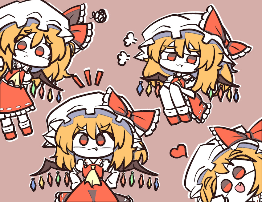 1girl ascot blonde_hair closed_mouth fang fang_out flandre_scarlet four_of_a_kind_(touhou) frilled_shirt_collar frilled_skirt frills hands_on_hips hat malrangdonut mob_cap multicolored_wings open_mouth puffy_short_sleeves puffy_sleeves red_eyes red_footwear red_skirt red_vest shirt short_sleeves simple_background skirt skirt_set socks solid_circle_eyes touhou vest white_headwear white_shirt white_socks wings yellow_ascot