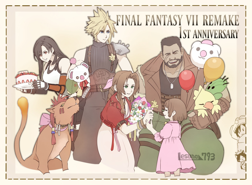 aerith_gainsborough animal animal_hood armor baggy_pants balloon bangle bangs bare_shoulders barret_wallace beads beard belt black_bra black_gloves black_hair black_shirt black_skirt blonde_hair blue_eyes bouquet bra bracelet braid braided_ponytail breasts brown_background brown_hair brown_vest cait_sith_(ff7) cake cat chocobo choker closed_eyes cloud_strife collar cropped_jacket crown dark-skinned_male dark_skin dog_tags dress earrings elbow_gloves facial_hair father_and_daughter feet_out_of_frame female_child final_fantasy final_fantasy_vii final_fantasy_vii_remake fingerless_gloves flame-tipped_tail flower flower_choker food gloves green_eyes green_pants hair_beads hair_between_eyes hair_ornament hair_ribbon holding holding_bouquet holding_cake holding_flower holding_food holding_plate hood jacket jewelry large_breasts leaning_forward lesuna long_dress long_hair marlene_wallace medium_breasts moogle multiple_belts multiple_boys multiple_girls neck_ribbon open_mouth orange_fur pants parted_bangs parted_lips pink_dress pink_ribbon plate puffy_short_sleeves puffy_sleeves red_eyes red_jacket red_xiii redhead ribbon sabotender scar scar_on_cheek scar_on_face shirt short_hair short_sleeves shoulder_armor sidelocks single_earring skirt sleeveless sleeveless_shirt sleeveless_turtleneck smile spiky_hair sports_bra stuffed_animal stuffed_toy teeth thigh_strap tifa_lockhart tonberry torn_clothes torn_sleeves turtleneck underwear upper_teeth very_short_hair vest white_flower white_shirt yellow_flower yuffie_kisaragi