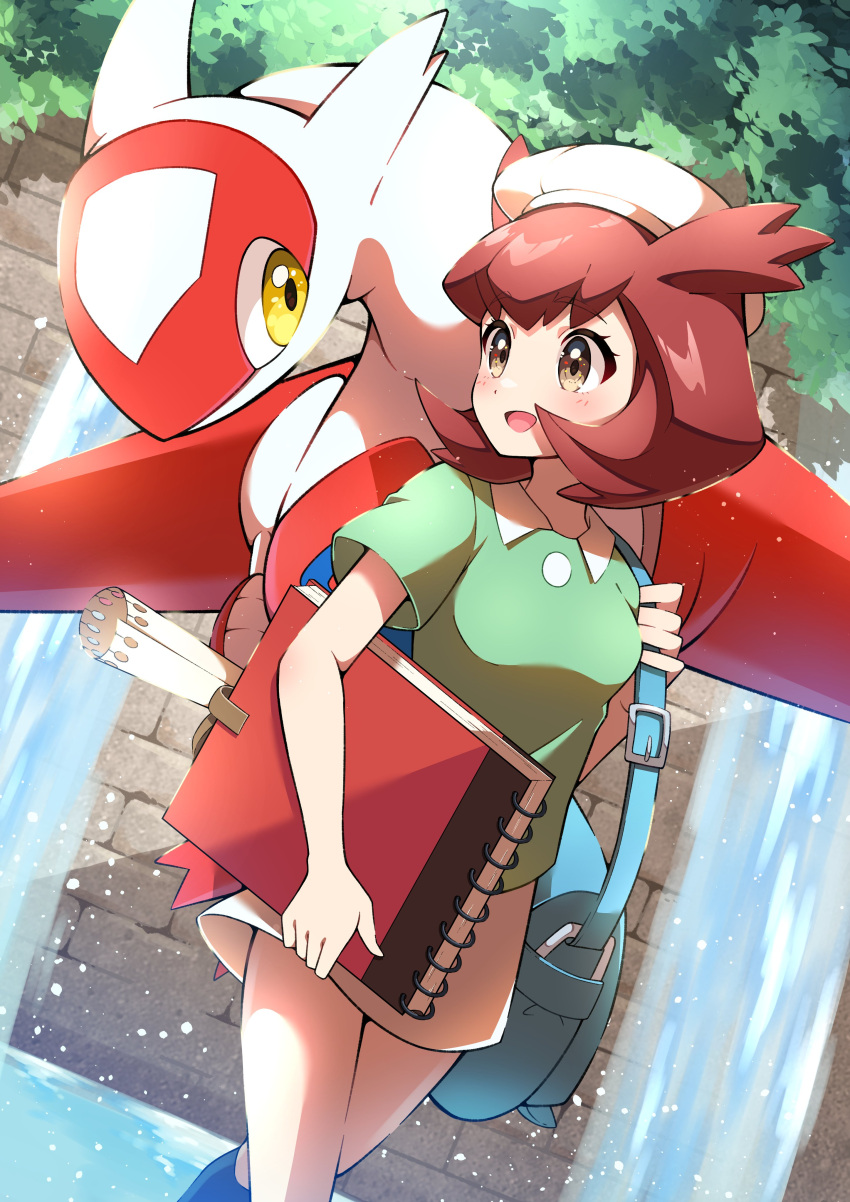 1girl absurdres bag bangs bianca_(pokemon_heroes) blue_bag blush brown_eyes brown_hair commentary_request day eyelashes flipped_hair green_shirt hat highres holding_strap latias looking_to_the_side medium_hair open_mouth outdoors pokemon pokemon_(anime) pokemon_(classic_anime) pokemon_(creature) pokemon_heroes:_latios_&amp;_latias pon_yui shirt sketchbook smile standing water waterfall white_headwear