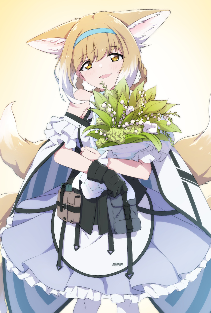 1girl animal_ear_fluff animal_ears aqua_hairband arknights blonde_hair blue_hairband bouquet cowboy_shot flower fox_ears fox_girl fox_tail gloves hair_rings hairband highres holding holding_bouquet kitsune kyuubi lily_of_the_valley minowa_sukyaru multicolored_hair multiple_tails orange_eyes single_glove single_wrist_cuff suzuran_(arknights) tail white_hair white_wrist_cuffs wrist_cuffs