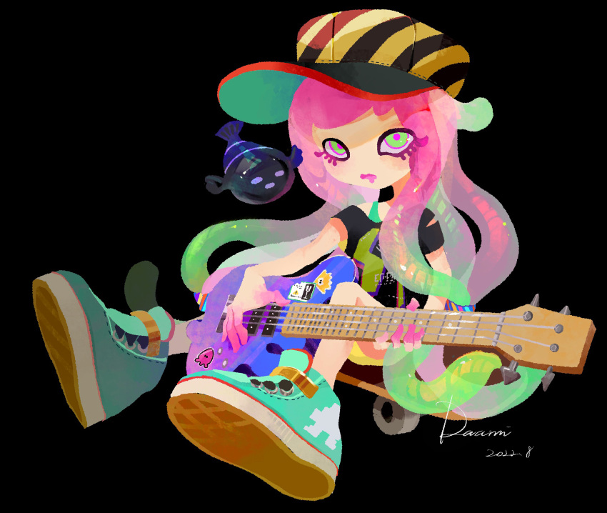 1girl 2022 aqua_footwear artist_name baseball_cap black_background black_shirt clownfish colored_skin daami_(daami2000) eyelashes fish full_body gradient_hair gradient_skin green_eyes green_hair guitar harmony's_clownfish_(splatoon) harmony_(splatoon) hat highres holding holding_instrument instrument long_hair multicolored_hair multicolored_skin no_nose open_mouth pink_hair pink_pupils pink_skin shirt simple_background sitting skateboard splatoon_(series) striped striped_headwear tentacle_hair two-tone_hair two-tone_skin