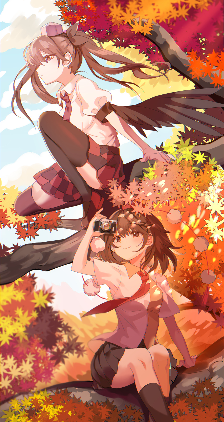 2girls absurdres arm_support autumn_leaves bird_wings black_skirt black_thighhighs branch brown_eyes brown_hair camera checkered_clothes checkered_skirt chinese_commentary closed_mouth clouds collared_shirt commentary_request day feathered_wings geta hat highres himekaidou_hatate holding holding_camera kanta_(pixiv9296614) leaf long_hair looking_afar maple_leaf medium_hair multiple_girls necktie pom_pom_(clothes) puffy_short_sleeves puffy_sleeves purple_headwear purple_necktie red_footwear red_headwear red_necktie red_skirt shameimaru_aya shirt short_sleeves sitting skirt sky smile tengu-geta thigh-highs tokin_hat touhou twintails two-tone_skirt white_shirt wings
