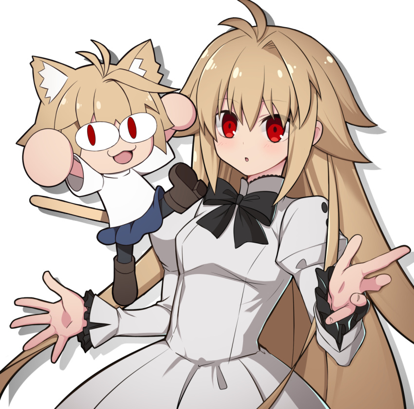 2girls :3 :o animal_ears antenna_hair arcueid_brunestud arms_up bangs black_bow black_pantyhose blonde_hair blue_skirt blush boots bow bowtie brown_footwear buttons cat_ears cat_tail commentary_request dress frilled_sleeves frills hair_between_eyes highres hirakawa juliet_sleeves long_hair long_sleeves melty_blood melty_blood:_type_lumina miniskirt multiple_girls neco-arc nekoarc pantyhose puffy_sleeves red_eyes short_hair simple_background single_hair_intake size_difference skirt sweater tail tsukihime tsukihime_(remake) upper_body very_long_hair white_background white_dress white_sweater wide_sleeves younger