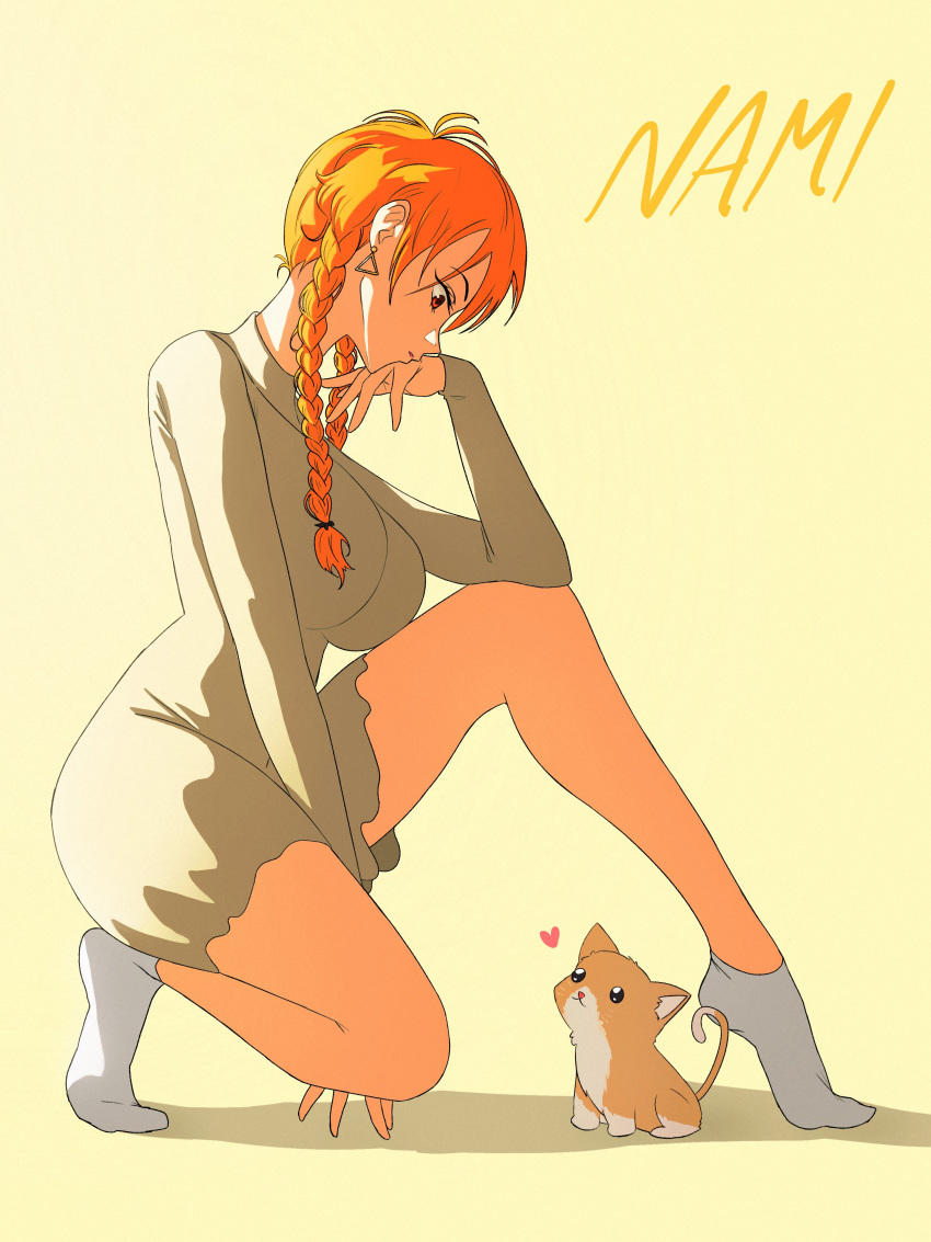 1girl absurdres arm_between_legs braid breasts cat character_name commentary dress earrings english_commentary eyelashes from_side full_body grey_dress hand_on_own_chin heart highres jewelry large_breasts long_sleeves looking_down nami_(one_piece) no_shoes one_piece opalisart orange_hair parted_lips profile red_eyes shadow short_dress short_hair_with_long_locks simple_background socks solo squatting taut_clothes taut_dress tiptoes triangle_earrings twin_braids white_socks yellow_background