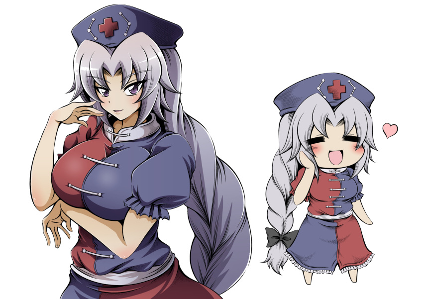 1girl =_= breasts chibi commentary_request grey_hair hand_on_own_face hat heart hidefu_kitayan highres large_breasts long_braid long_hair looking_at_viewer nurse nurse_cap open_mouth pose touhou violet_eyes white_background yagokoro_eirin
