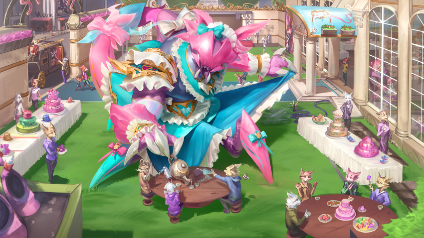 6+boys 6+girls absurdres alternate_costume annie_(league_of_legends) bow building cafe_cuties_(league_of_legends) cafe_cuties_annie cafe_cuties_tibbers cake claws colored_skin cup dress fangs food frilled_dress frills furry furry_female furry_male grass green_dress highres jacket league_of_legends long_sleeves mug multiple_boys multiple_girls official_alternate_costume outdoors pink_bow pink_skin rek'sai sharp_teeth shoes table teacup teeth window wutu_(1183238220)