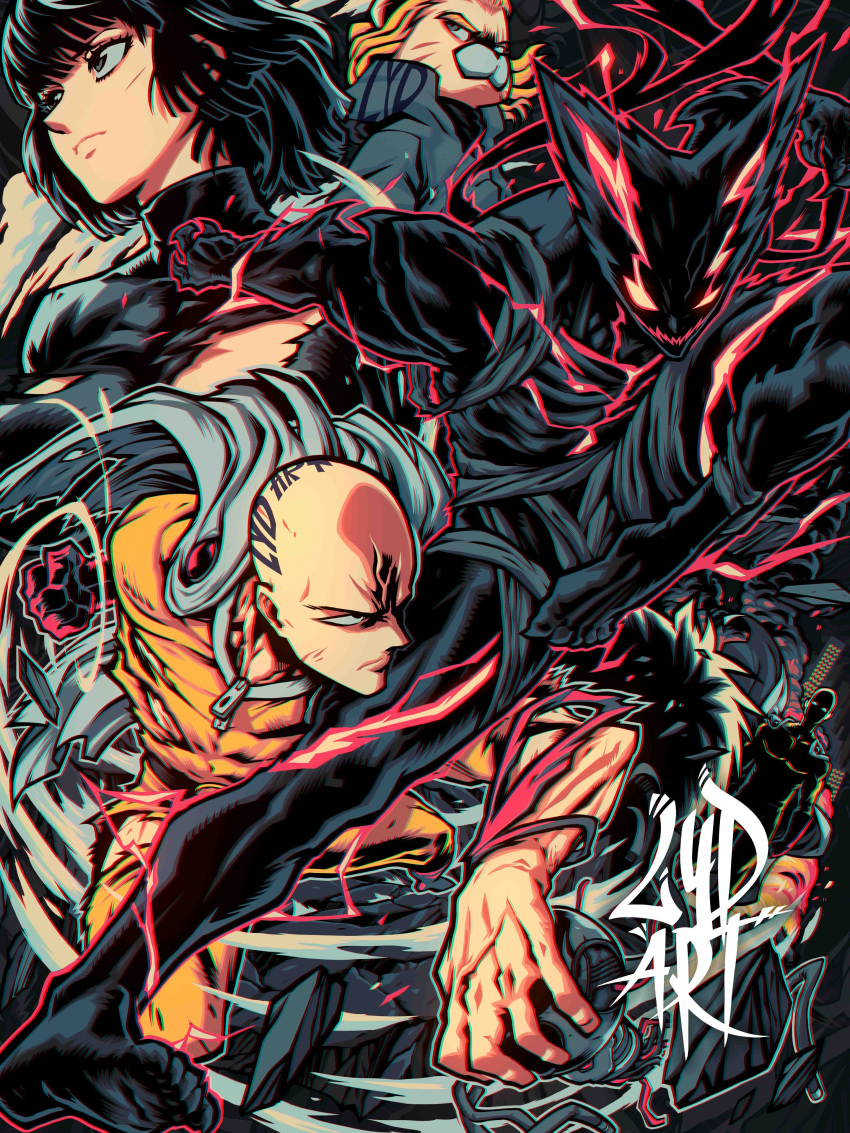 2boys absurdres bald cape character_request clenched_hand closed_mouth commentary eye_trail garou_(one-punch_man) glowing glowing_eyes highres light_trail lydart_mclo male_focus multiple_boys muscular muscular_male one-punch_man saitama_(one-punch_man) smile superhero yellow_eyes