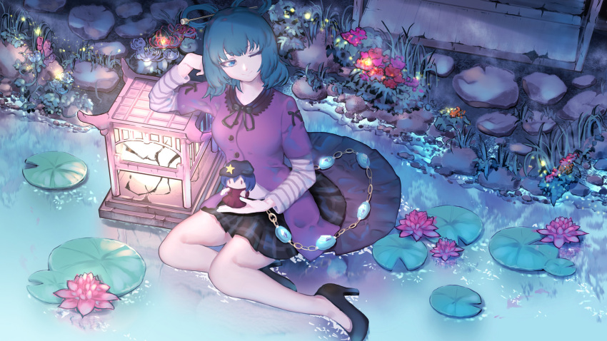 1girl ;) album_cover arm_support black_footwear black_ribbon black_skirt blue_eyes blue_flower blue_hair buttons chain character_doll childwolf chinese_clothes chinese_commentary closed_mouth commentary cover flower glowing grass hair_ornament hair_rings hair_stick high_heels highres holding holding_stuffed_toy kaku_seiga lantern layered_sleeves lily_(flower) lily_pad looking_at_viewer medium_hair miyako_yoshika one_eye_closed outdoors pink_flower plaid plaid_skirt purple_vest red_flower ribbon rock rose shirt sitting skirt smile solo spider_lily striped striped_shirt stuffed_toy tangzhuang touhou tulip vest water yokozuwari