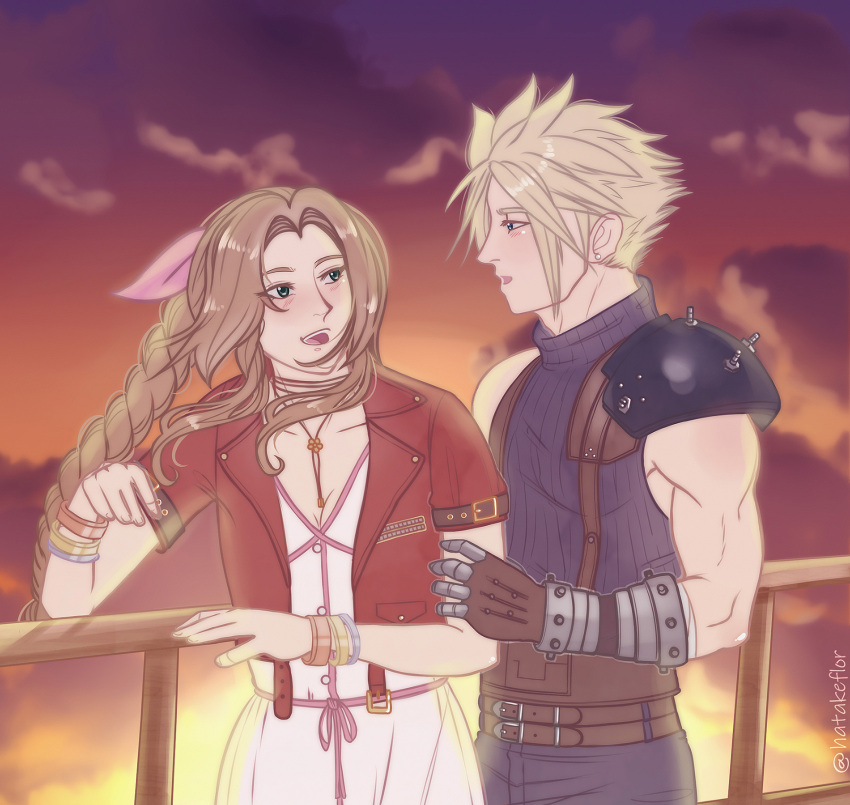 1boy 1girl aerith_gainsborough armor bad_source blonde_hair blue_eyes bracelet braid brown_hair cloud_strife clouds dress final_fantasy final_fantasy_vii final_fantasy_vii_remake green_eyes hatake-flor highres jacket jewelry long_hair pink_dress red_jacket smile spiky_hair sunset