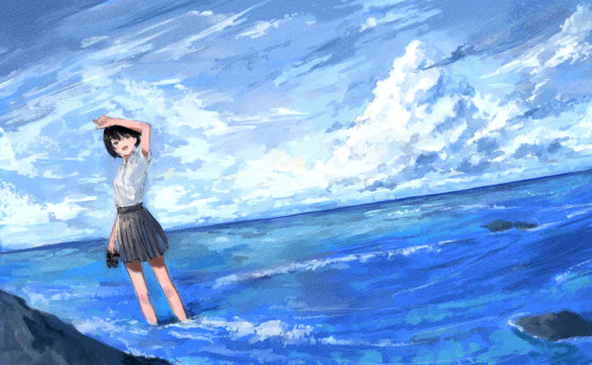 ._(kometto333) 1girl absurdres arm_up black_hair clouds cloudy_sky dutch_angle highres looking_at_viewer ocean open_mouth original pleated_skirt scenery school_uniform shoes shoes_removed short_hair skirt sky smile solo wading water