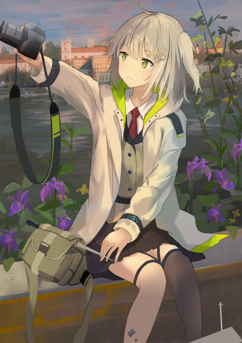 1girl ahoge arknights bag bangs black_skirt blush camera city closed_mouth collared_shirt commentary_request day expressionless feet_out_of_frame flower hair_between_eyes hair_ornament highres holding holding_camera jacket koge_nattou lake long_sleeves looking_at_object necktie open_clothes open_jacket outdoors pleated_skirt red_necktie scene_(arknights) shirt short_hair sidelocks single_thighhigh sitting skirt solo thigh-highs thigh_strap white_jacket white_shirt yellow_eyes
