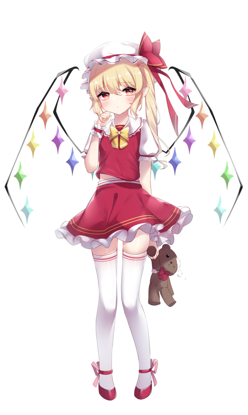 1girl backlighting blonde_hair blush bow bowtie closed_mouth damaged flandre_scarlet frilled_skirt frilled_sleeves frills full_body hat hat_ribbon head_tilt highres holding holding_stuffed_toy looking_at_viewer medium_hair mob_cap multicolored_wings puffy_short_sleeves puffy_sleeves red_eyes red_footwear red_ribbon red_skirt ribbon short_sleeves simple_background skirt skirt_set solo stuffed_animal stuffed_toy teddy_bear thigh-highs touhou umou_(may65879) white_background white_headwear white_thighhighs wings yellow_bow yellow_bowtie zettai_ryouiki
