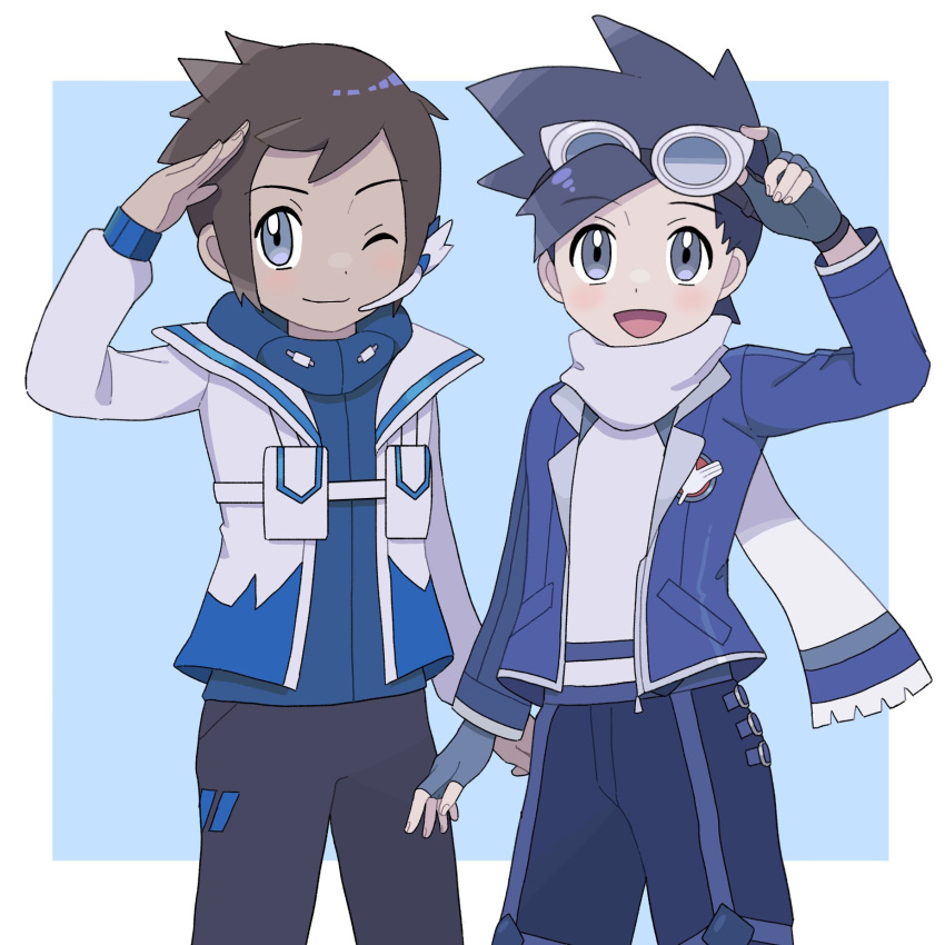 2boys :d ;) adjusting_goggles bangs black_hair blue_jacket blue_shirt brendan_(pokemon) brown_hair closed_mouth commentary_request ethan_(pokemon) fingerless_gloves gloves goggles goggles_on_head grey_eyes highres jacket male_focus multiple_boys official_alternate_costume one_eye_closed open_clothes open_jacket open_mouth pants pokemon pokemon_(game) pokemon_masters_ex salute sana_(37pisana) scarf shirt short_hair smile spiky_hair tongue white_jacket white_scarf white_shirt