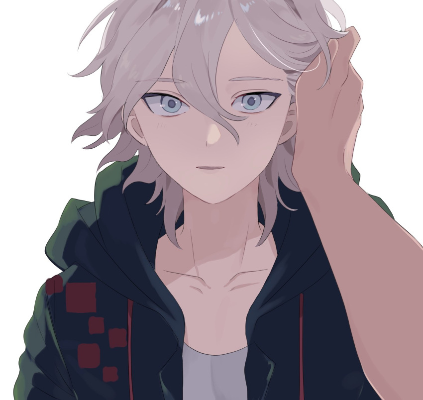 2boys adjusting_another's_hair bangs collarbone danganronpa_(series) danganronpa_2:_goodbye_despair green_jacket grey_eyes grey_shirt hair_between_eyes highres hood hood_down hooded_jacket jacket komaeda_nagito looking_at_viewer male_focus me1j1 medium_hair multiple_boys open_clothes open_jacket parted_lips pov shirt simple_background solo_focus white_background